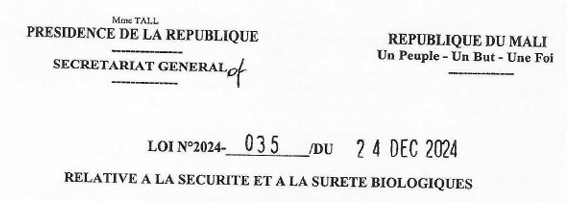 Couverture de Loi N°2024_035/Du 20 DEC 2024 Rélative à la securité et à la sûreté biologiques